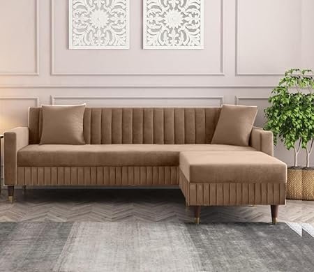 AMATA Omega four-seater L-shaped sofa in camel suede velvet