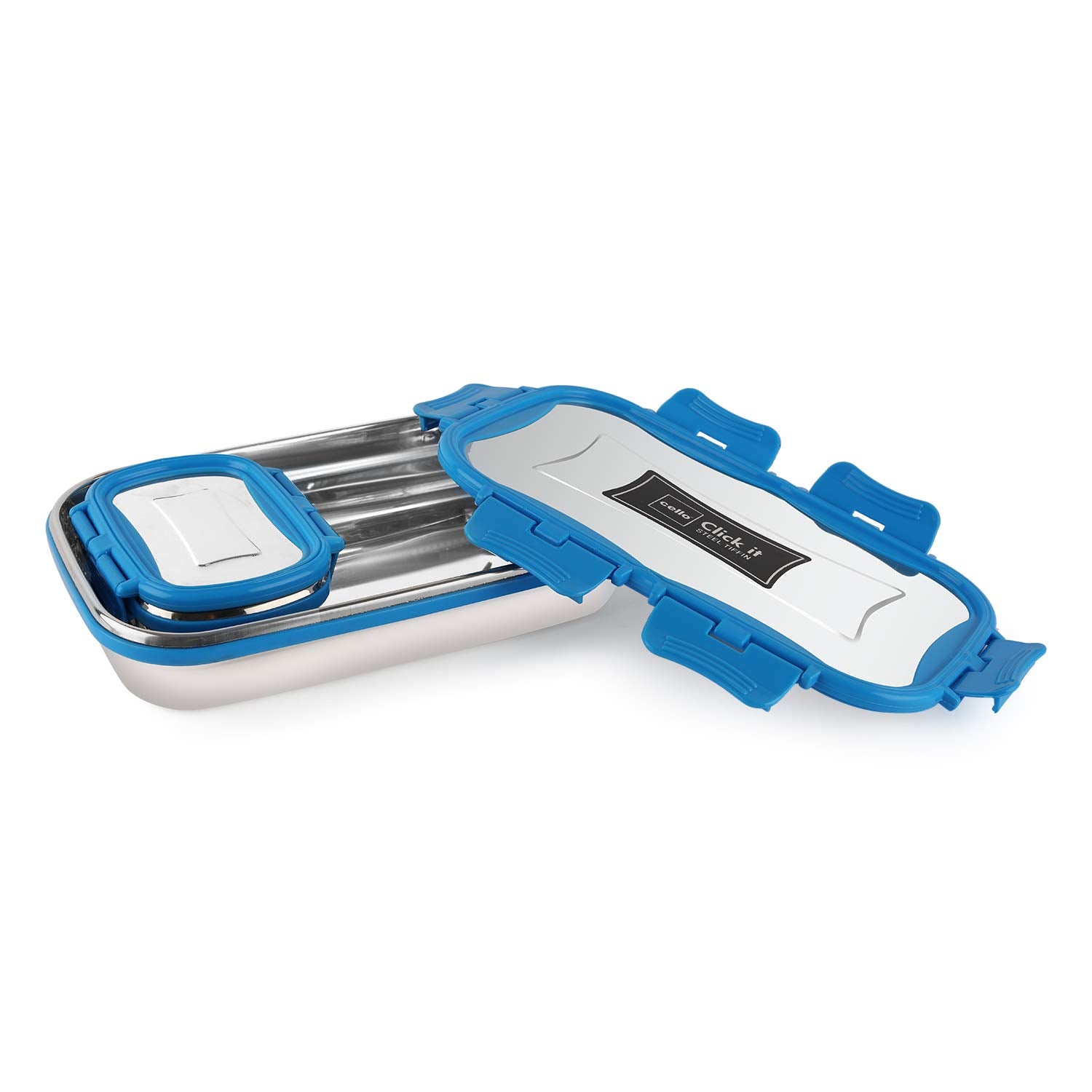 Two blue CELLO MF Click Steel stainless steel lunch boxes