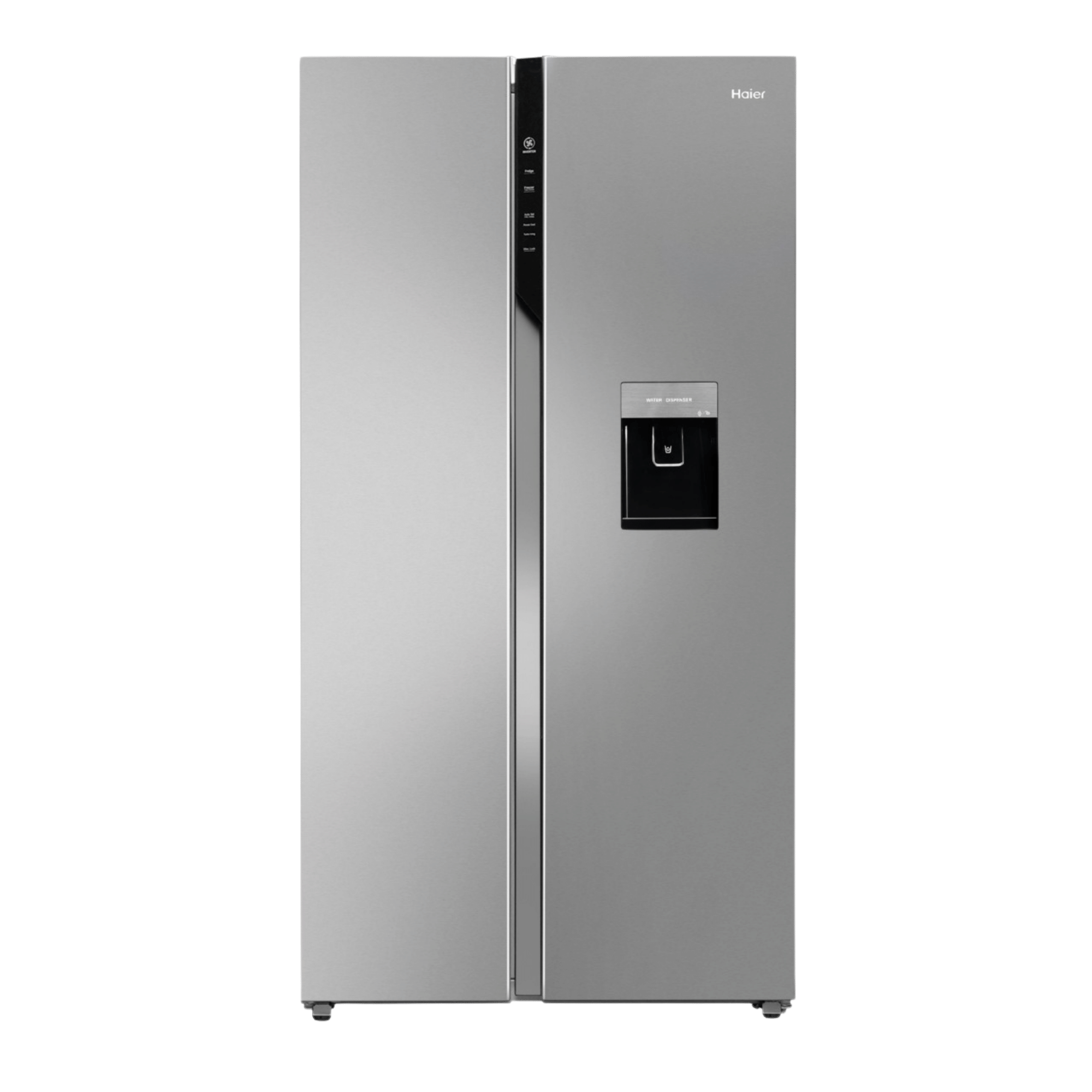 Haier HRS-682SWDU1 shiny steel side-by-side refrigerator with water dispenser
